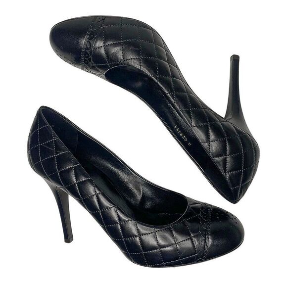 Chanel Black Quilted Leather Pumps Perforated CC Logo Size 39 EU High Heels - Picture 6 of 12